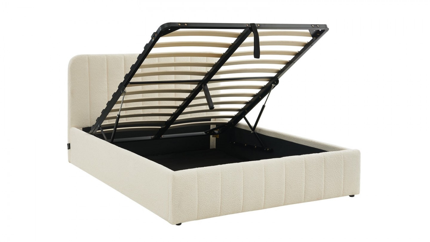 Ensemble lit coffre 160x200 en tissu bouclé écru Ava + Matelas mousse gel à mémoire de forme, double confort - Dual Confort