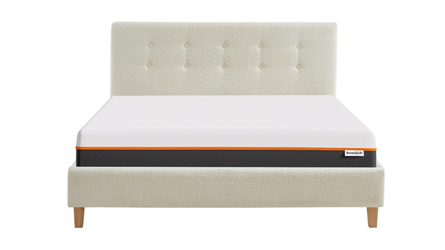 Ensemble lit 160x200 en tissu bouclé écru Milo + Matelas mousse gel à mémoire de forme, double confort - Dual Confort