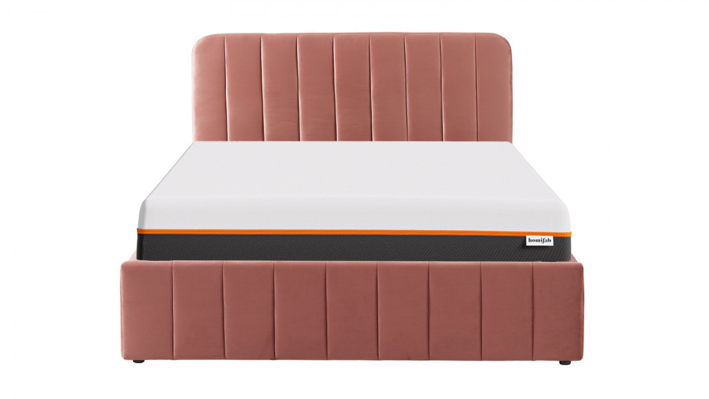 Ensemble lit coffre 160x200 en velours rose blush Ava + Matelas mousse gel à mémoire de forme, double confort - Dual Confort