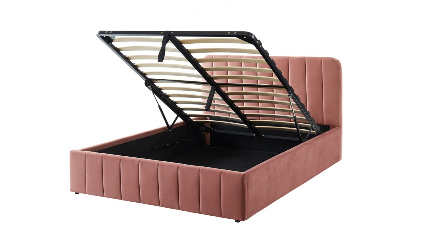 Ensemble lit coffre 160x200 en velours rose blush Ava + Matelas mousse gel à mémoire de forme, double confort - Dual Confort