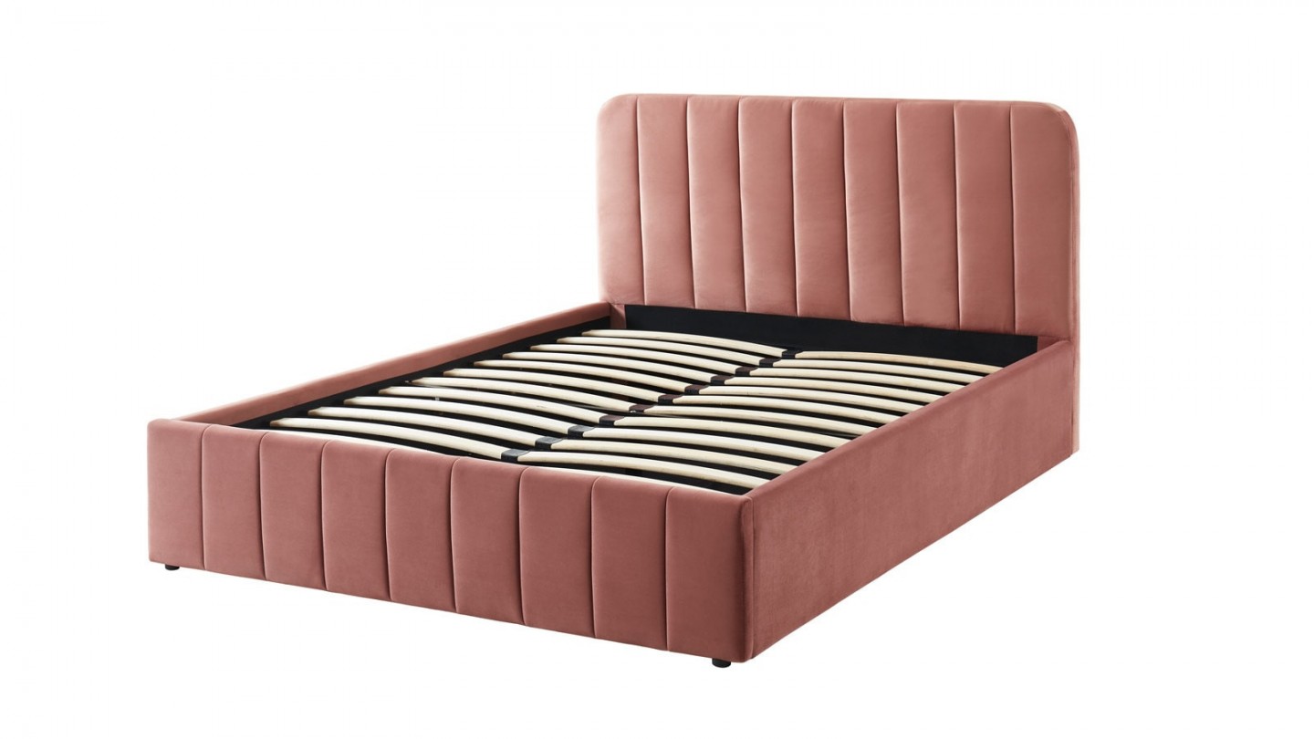 Ensemble lit coffre 160x200 en velours rose blush Ava + Matelas mousse gel à mémoire de forme, double confort - Dual Confort