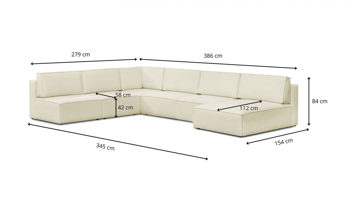 Canapé d'angle à droite panoramique modulable convertible 9/10 places en tissu bouclé écru - Harper Mod