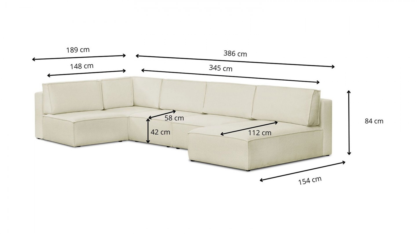 Canapé d'angle à droite panoramique modulable 7/8 places en tissu bouclé écru - Harper Mod
