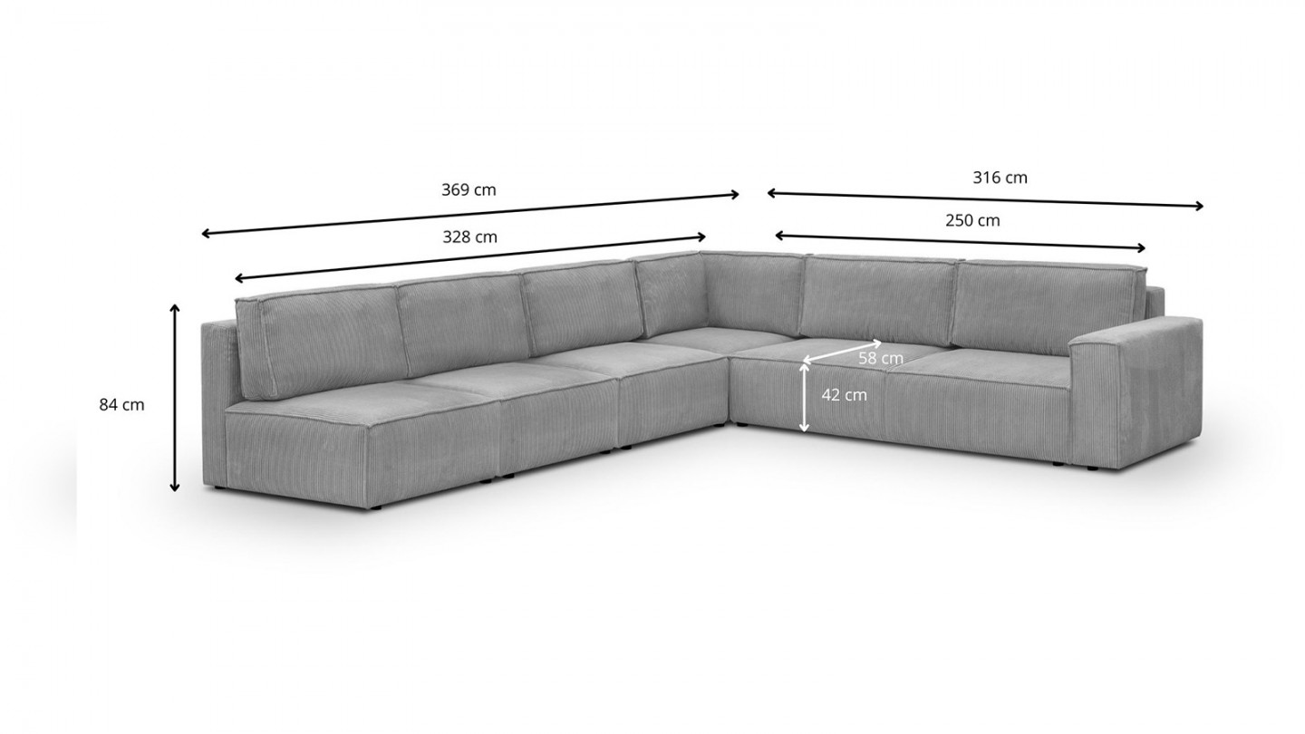 Canapé d'angle à gauche modulable convertible 10 places en velours côtelé gris clair - Harper Mod