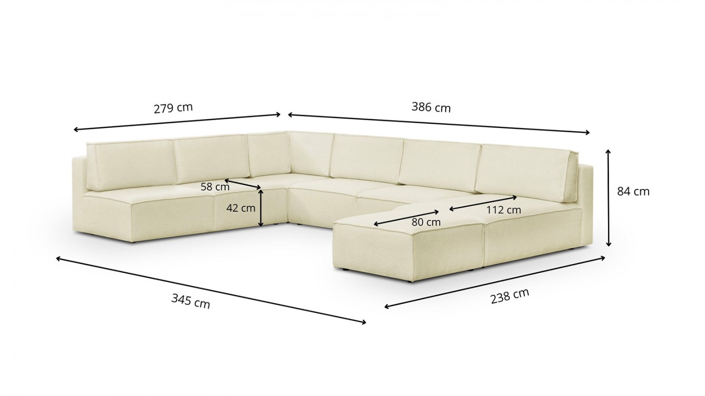 Canapé d'angle à gauche panoramique modulable convertible 10 places avec pouf en tissu bouclé écru - Harper Mod