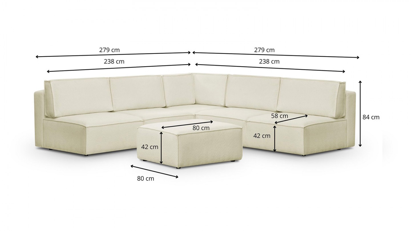 Canapé d'angle à gauche modulable 8 places avec pouf en tissu bouclé écru - Harper Mod