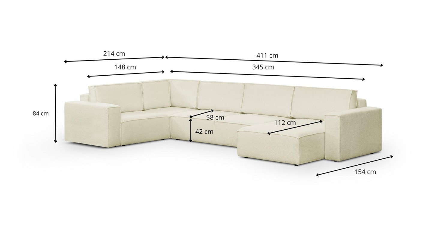 Canapé d'angle à gauche panoramique convertible modulable 8 places en tissu bouclé écru - Harper Mod