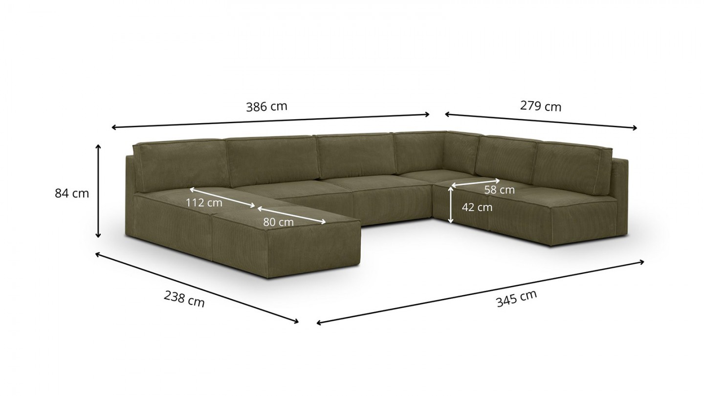 Canapé d'angle à droite panoramique modulable convertible 10 places avec pouf en velours côtelé vert kaki - Harper Mod