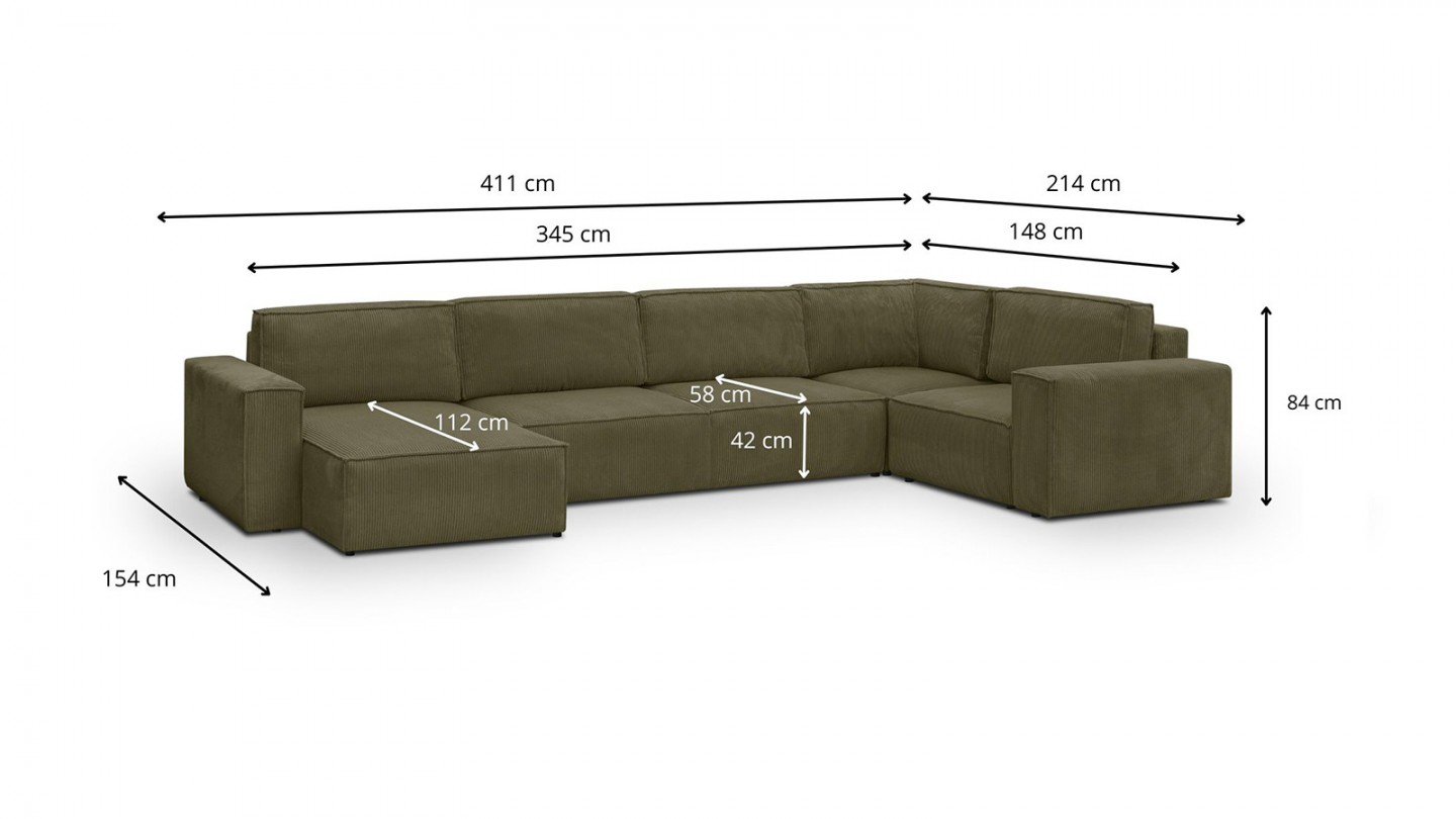 Canapé d'angle à droite panoramique convertible modulable 8 places en velours côtelé vert kaki - Harper Mod