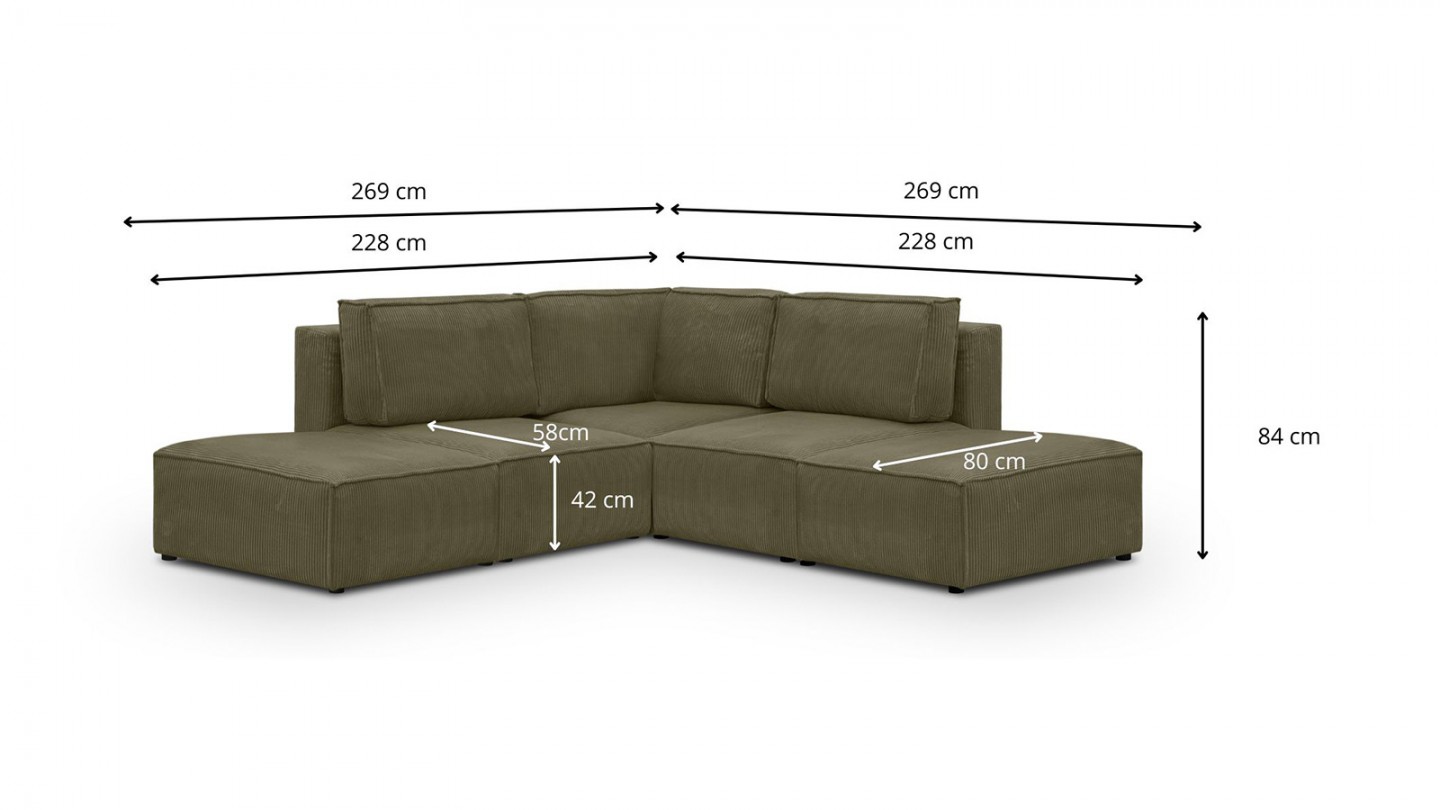 Canapé d'angle à gauche modulable 4 places avec 2 poufs en velours côtelé vert kaki - Harper Mod