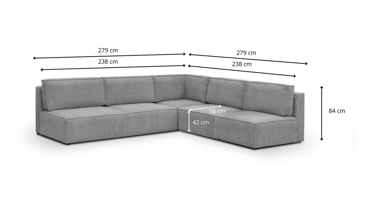 Canapé d'angle à droite modulable 8 places en velours côtelé gris clair - Harper Mod