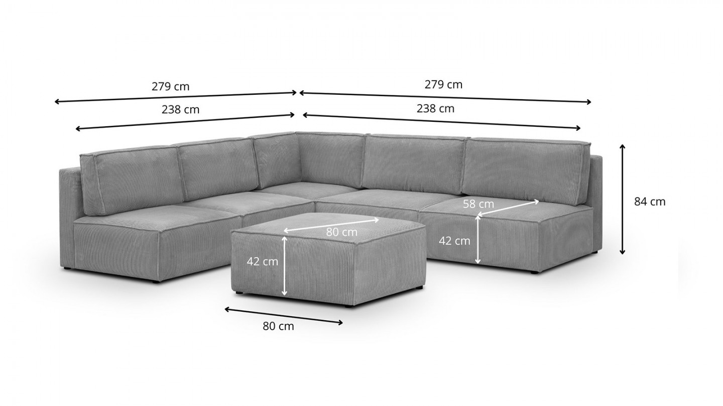 Canapé d'angle à gauche modulable 8 places avec pouf en velours côtelé gris clair - Harper Mod