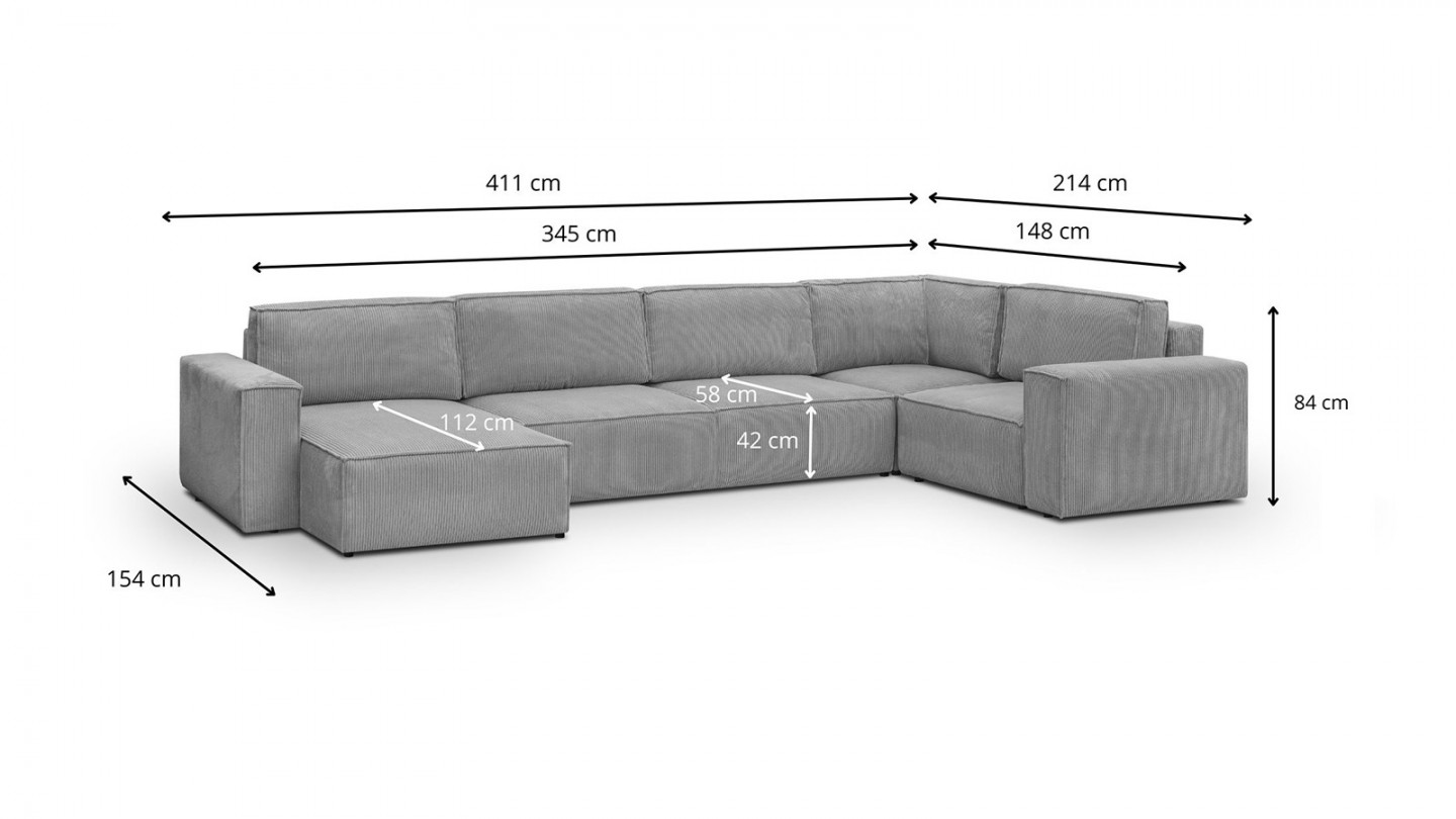Canapé d'angle à droite panoramique convertible modulable 8 places en velours côtelé gris clair - Harper Mod