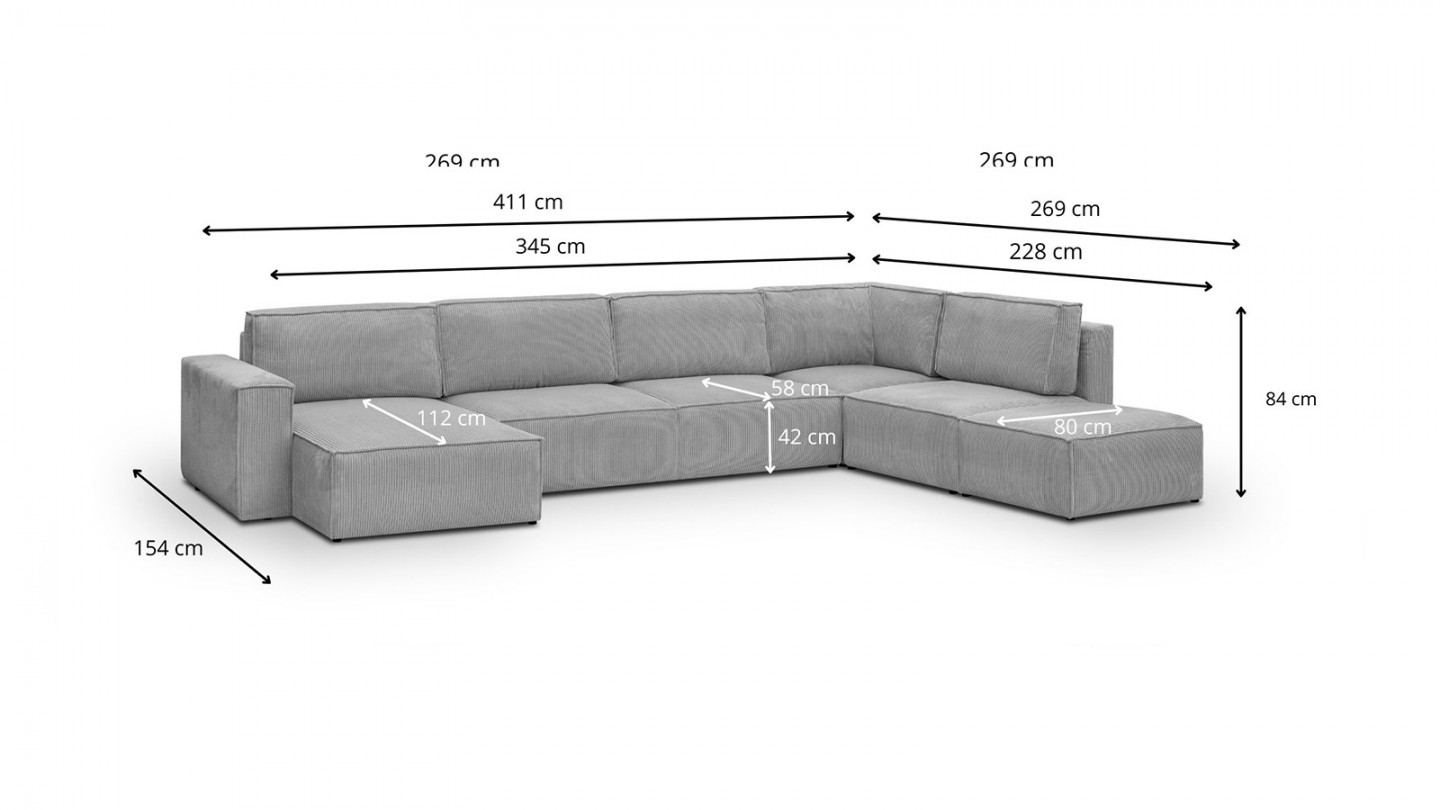 Canapé d'angle à droite panoramique convertible modulable 8 places avec pouf en velours côtelé gris clair - Harper Mod