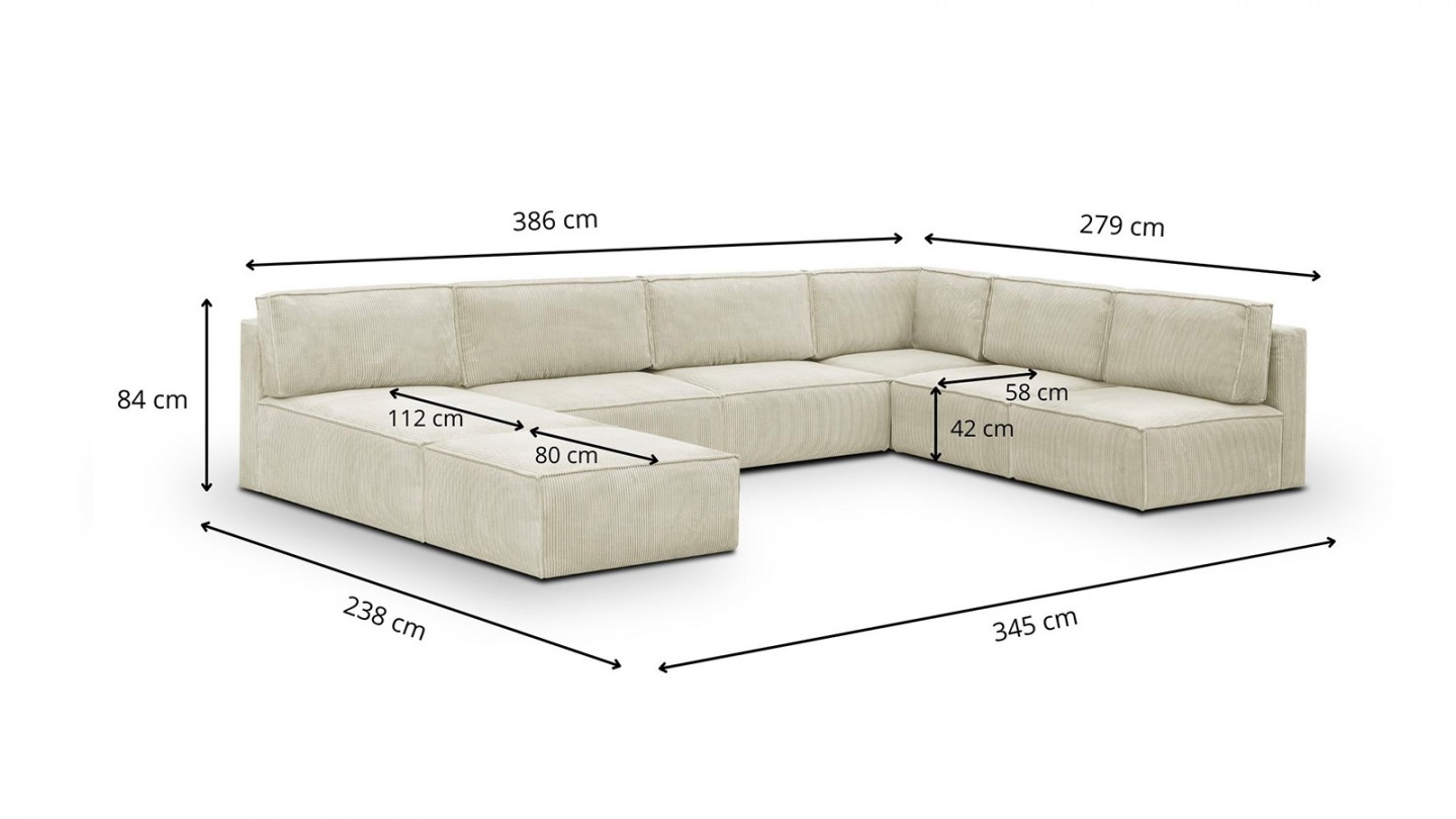 Canapé d'angle à droite panoramique modulable convertible 10 places avec pouf en velours côtelé beige - Harper Mod