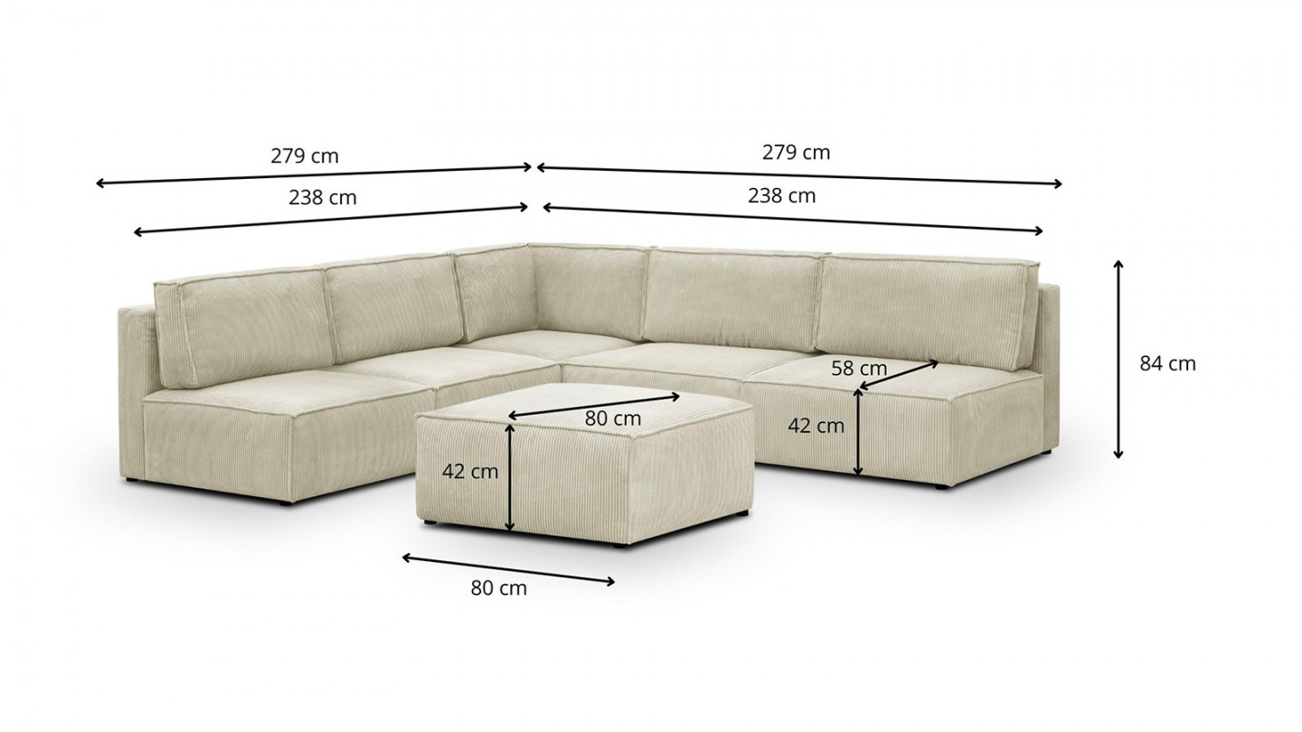 Canapé d'angle à gauche modulable 8 places avec pouf en velours côtelé beige - Harper Mod
