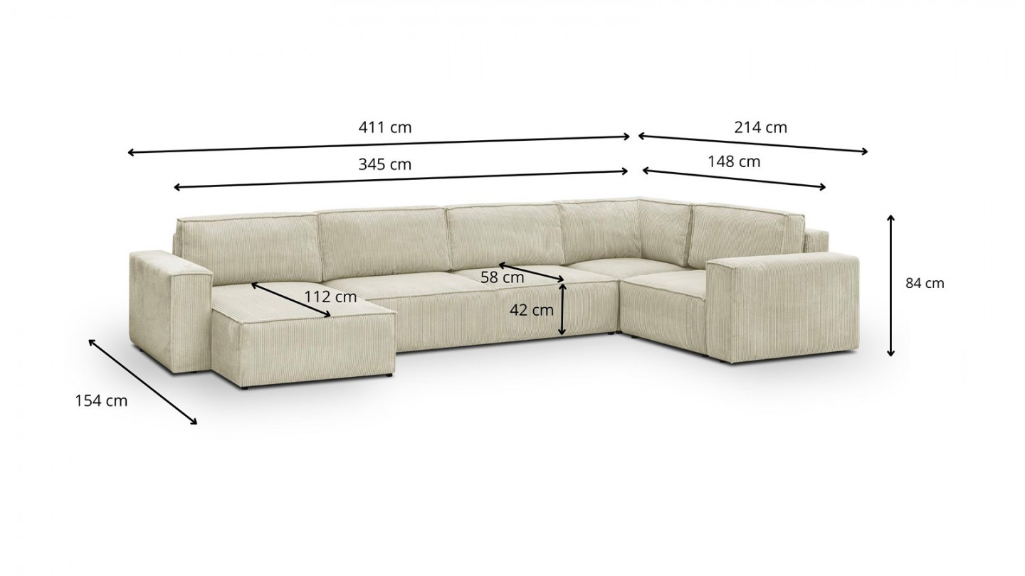 Canapé d'angle à droite panoramique convertible modulable 8 places en velours côtelé beige - Harper Mod