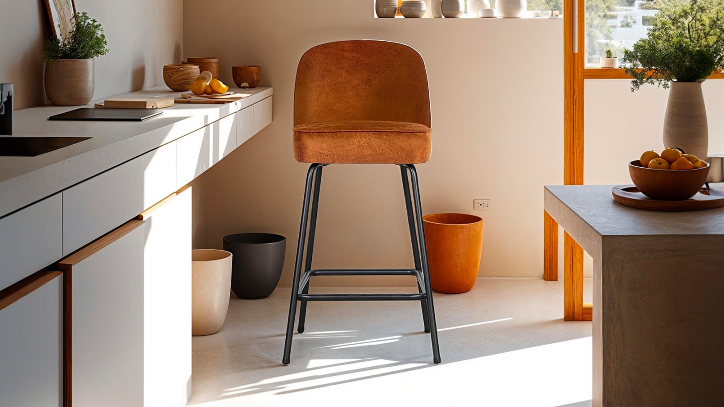 Tabouret de bar 65cm en velours cognac - Collection Vogue - BePureHome