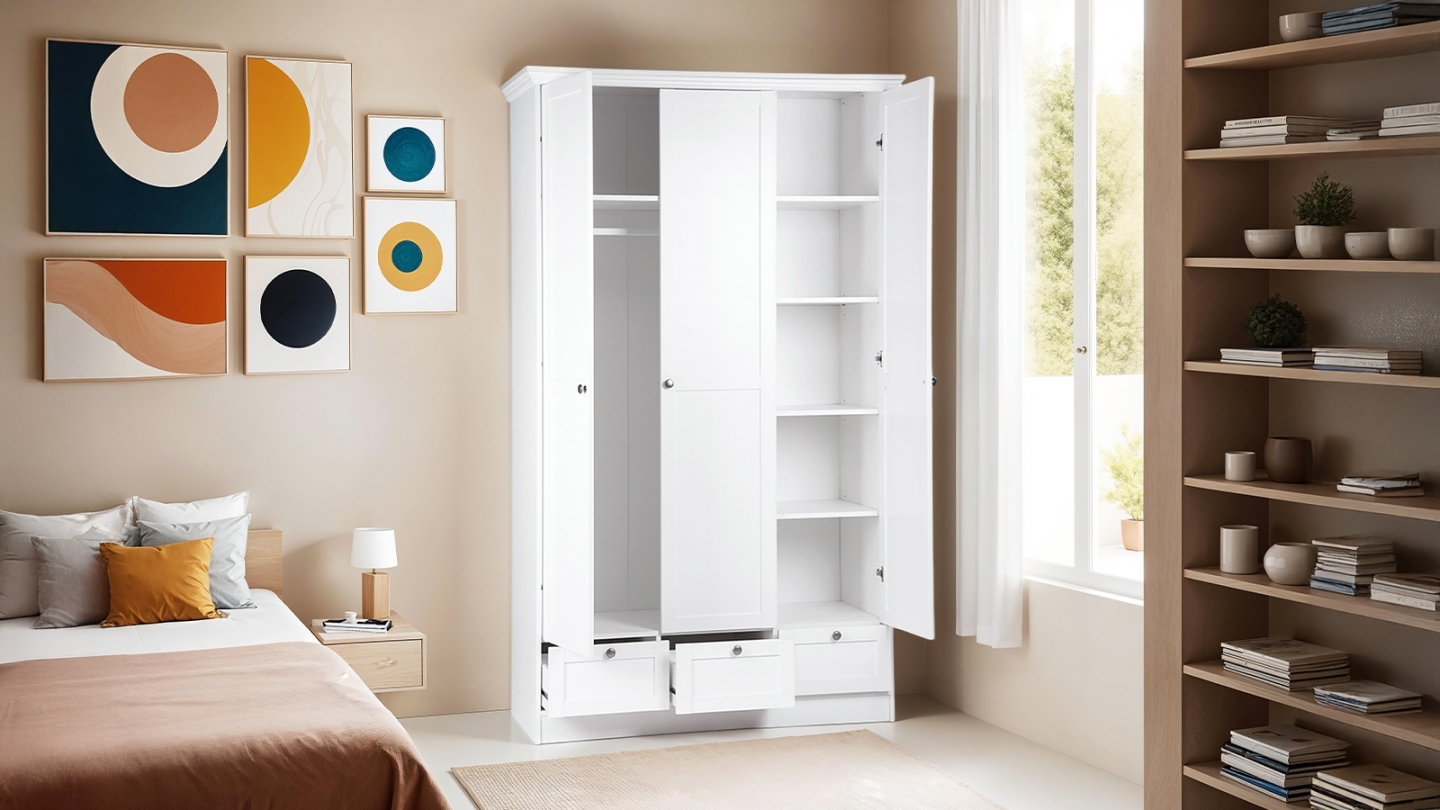 Armoire 3 portes 3 tiroirs blanche 120 cm - Alix