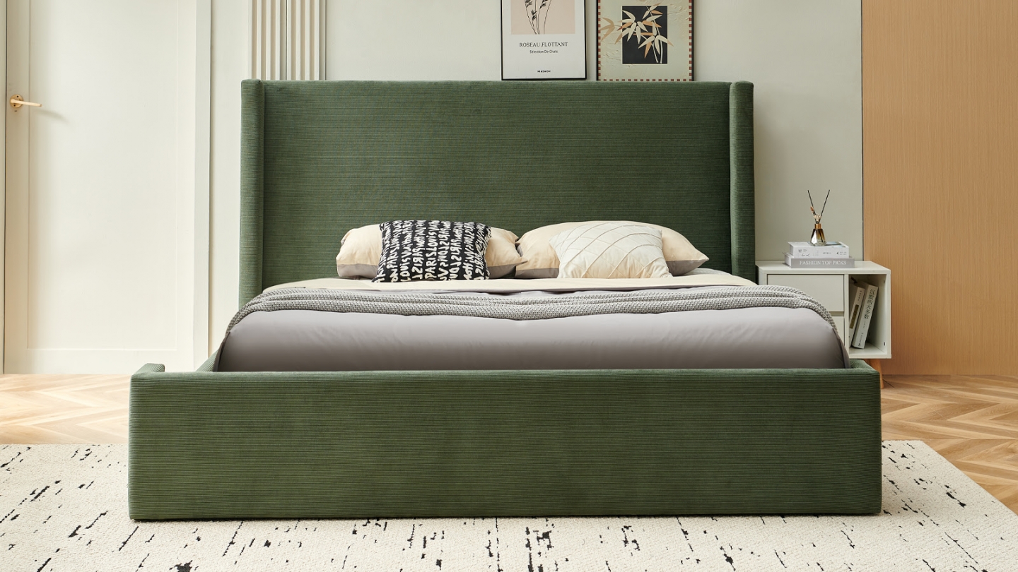 Lit coffre adulte 140x190 cm avec tête de lit capitonnée en velours côtelé vert kaki - Elma