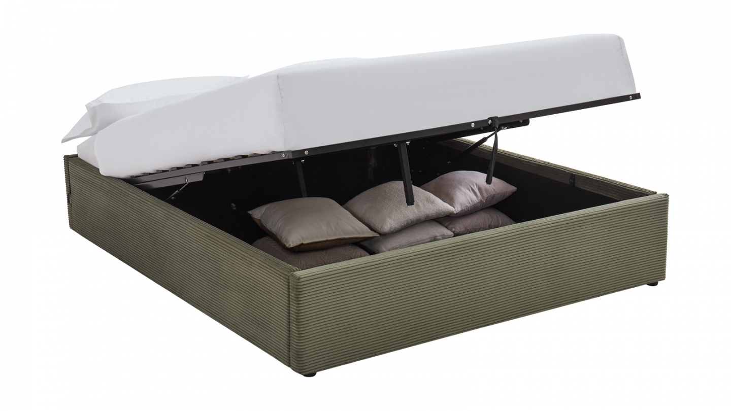 Lit coffre adulte 140x190 cm en velours côtelé vert avec sommier - Handy