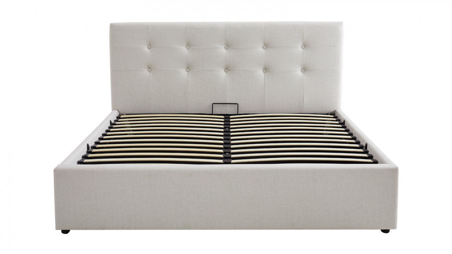 Lit coffre adulte 160x200 cm avec tête de lit matelassée en tissu beige et sommier - Tina