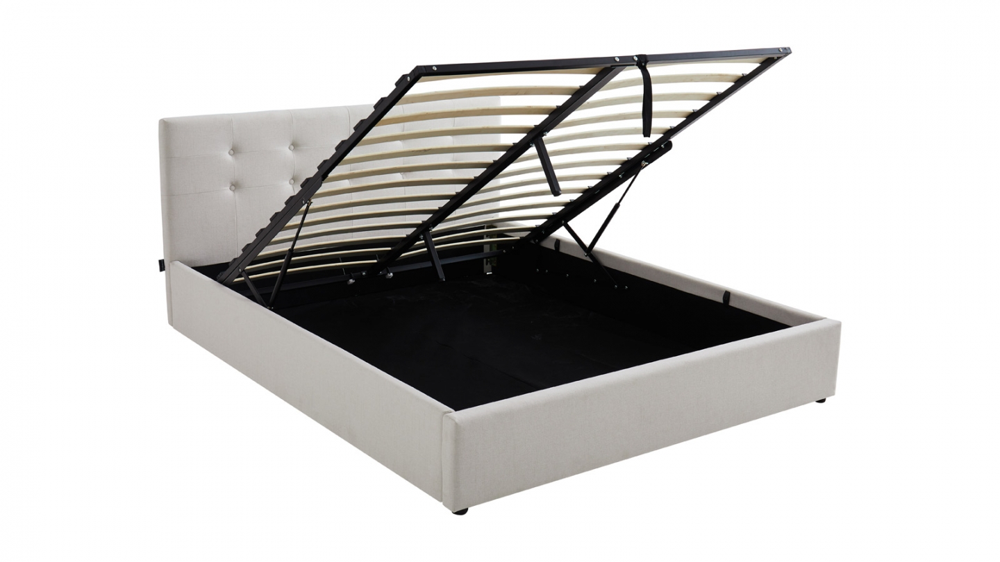 Lit coffre adulte 160x200 cm avec tête de lit matelassée en tissu beige et sommier - Tina