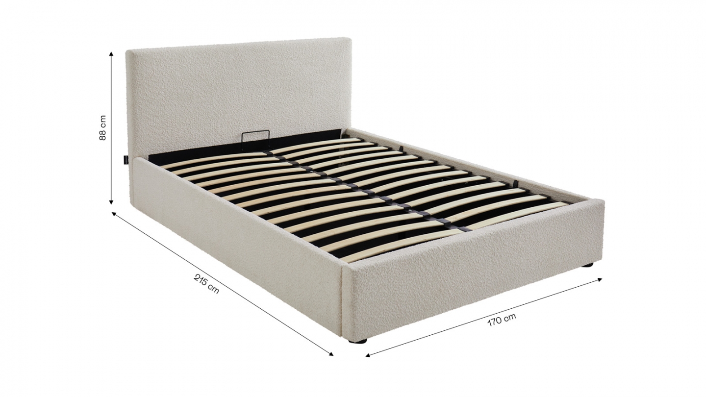 Lit coffre adulte 160x200 cm avec tête de lit matelassée en tissu bouclé beige et sommier - Tina