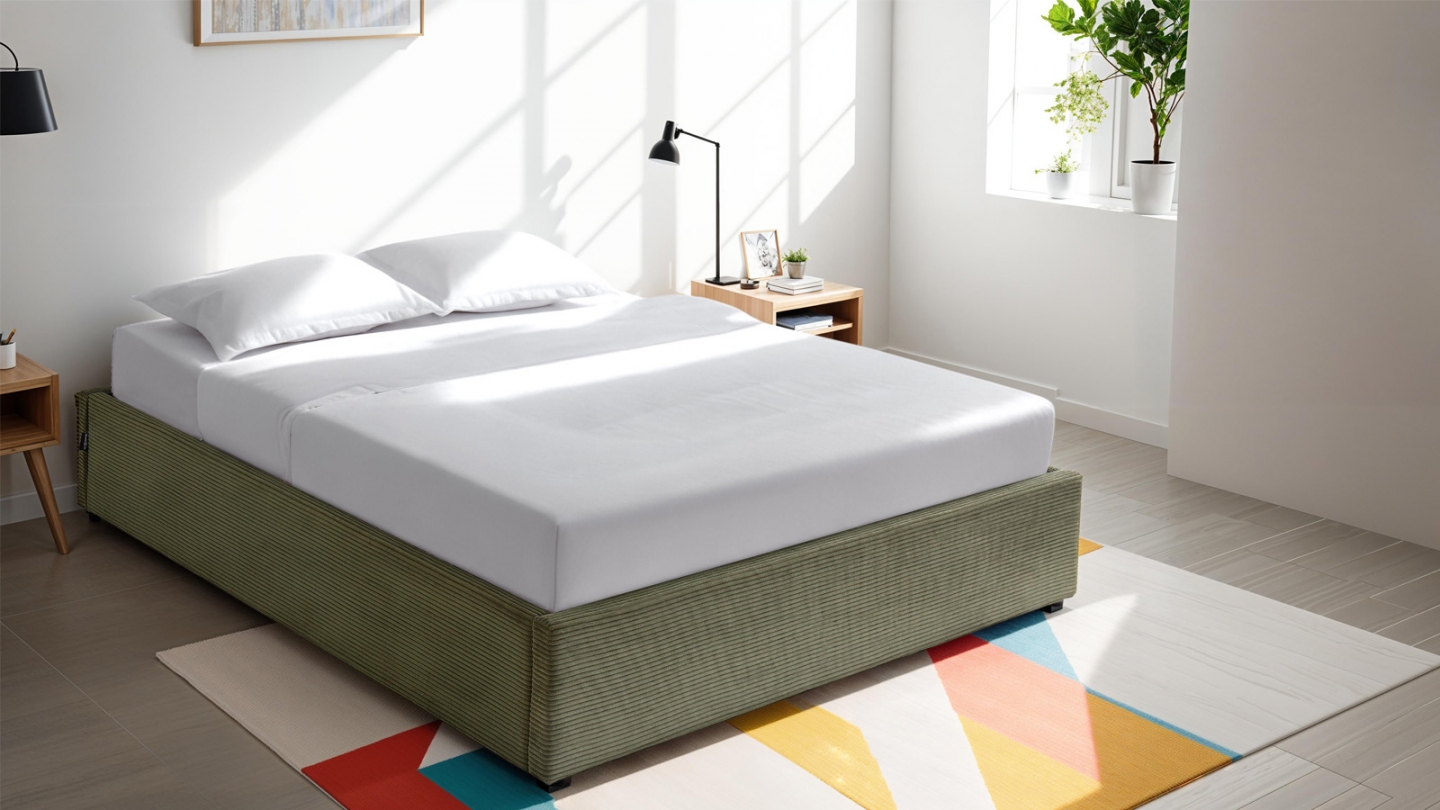 Lit coffre adulte 160x200 cm en velours côtelé vert avec sommier - Handy