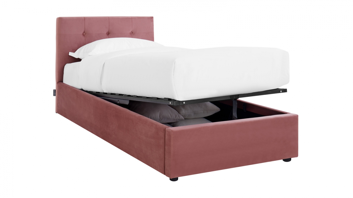 Lit coffre adulte 90x190 cm avec tête de lit capitonnée en velours rose et sommier - Tina