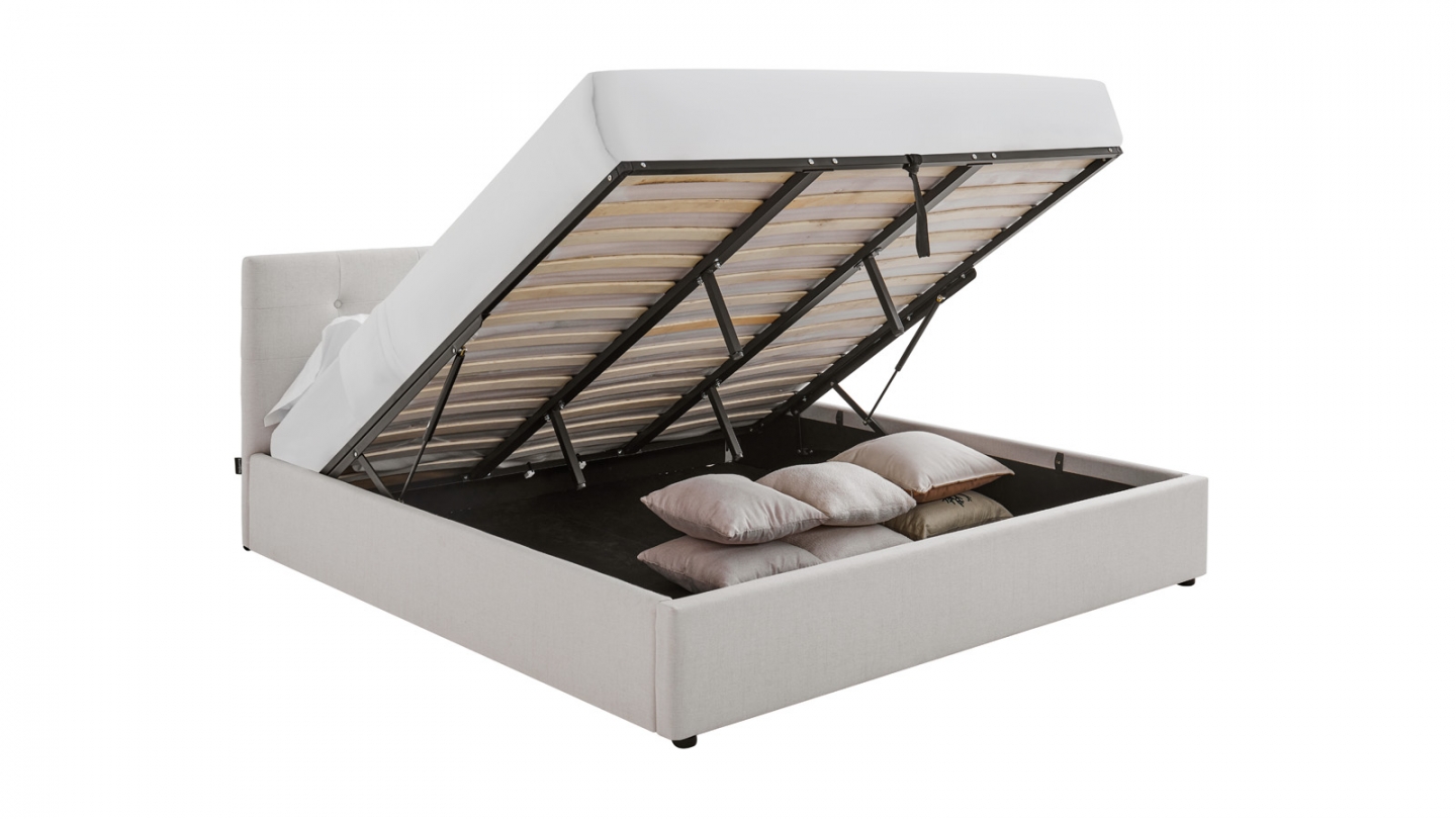 Lit coffre adulte 180x200 cm avec tête de lit capitonnée en tissu beige et sommier - Tina