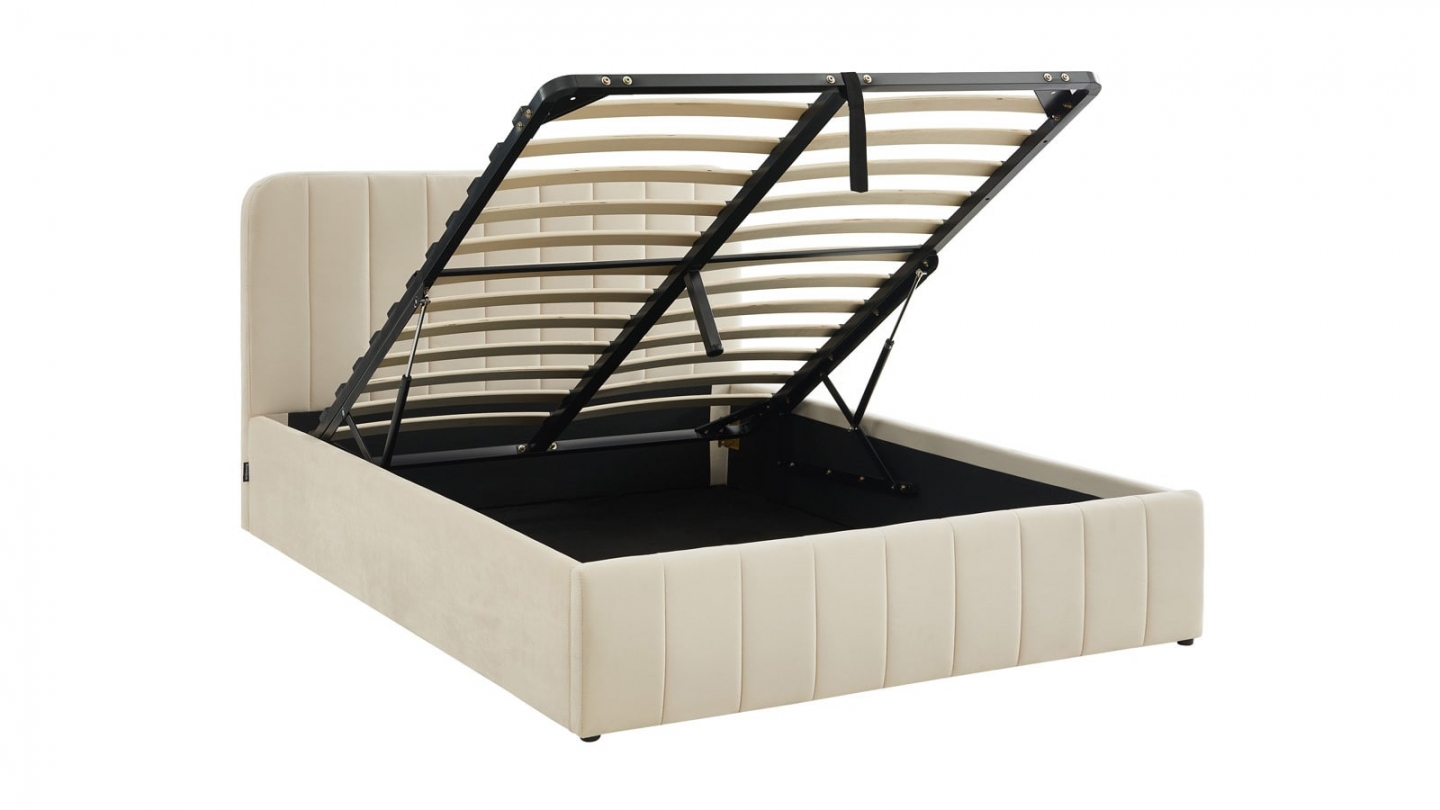 Lit coffre adulte 140x190 cm avec tête de lit capitonnée en velours beige - Ava