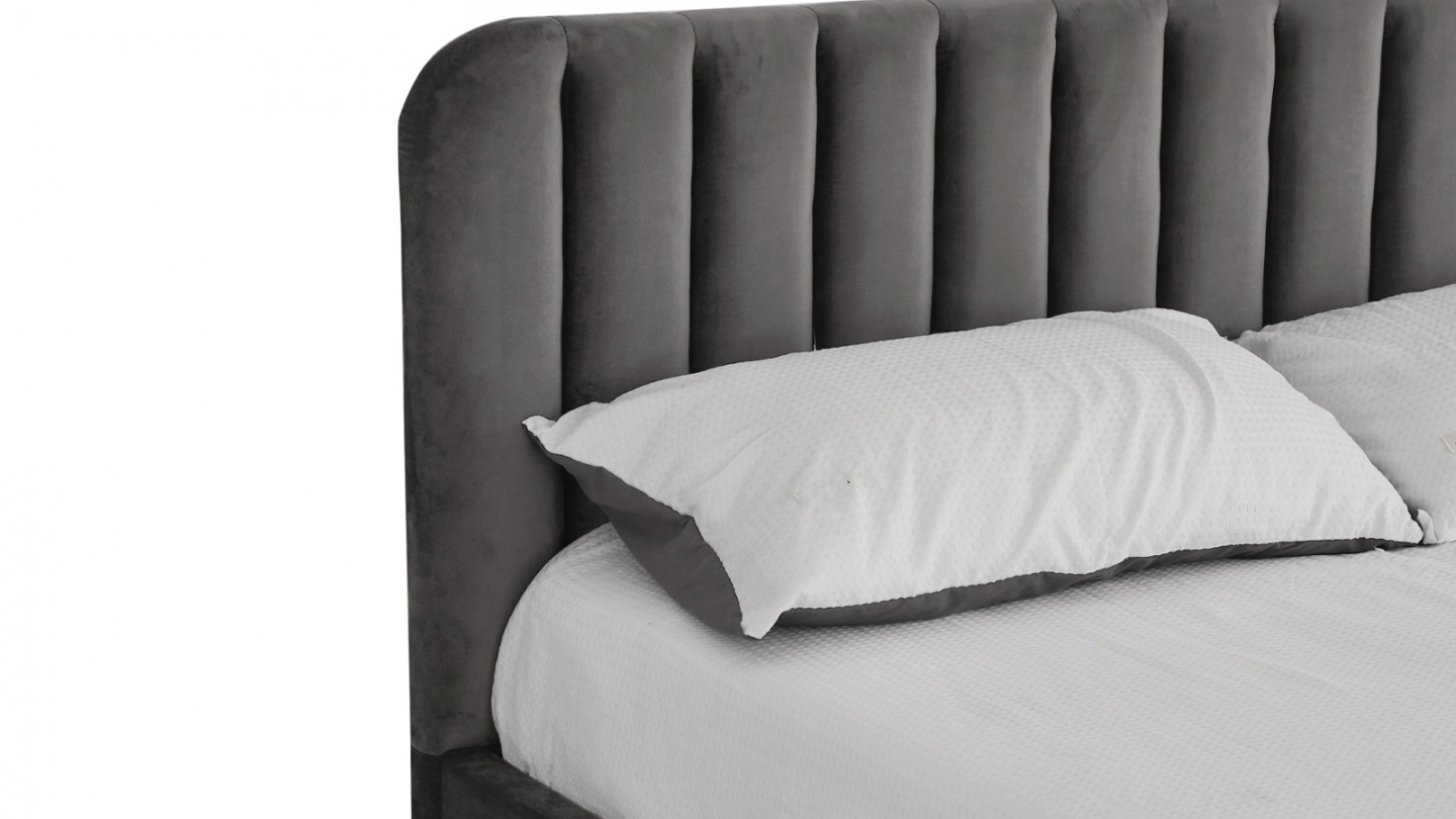 Lit coffre adulte 140x190 cm avec tête de lit capitonnée en velours gris - Ava