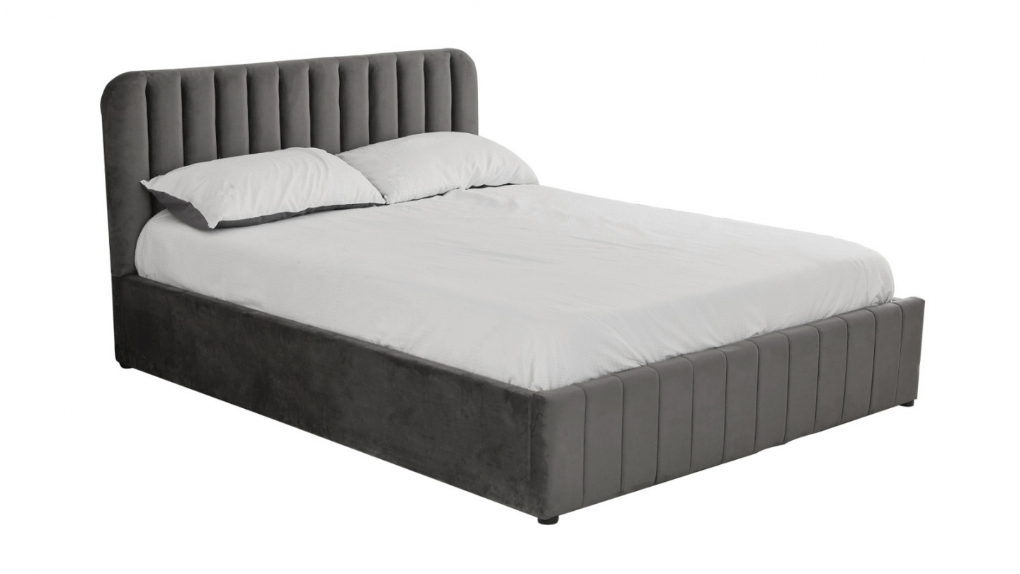 Lit coffre adulte 140x190 cm avec tête de lit capitonnée en velours gris - Ava