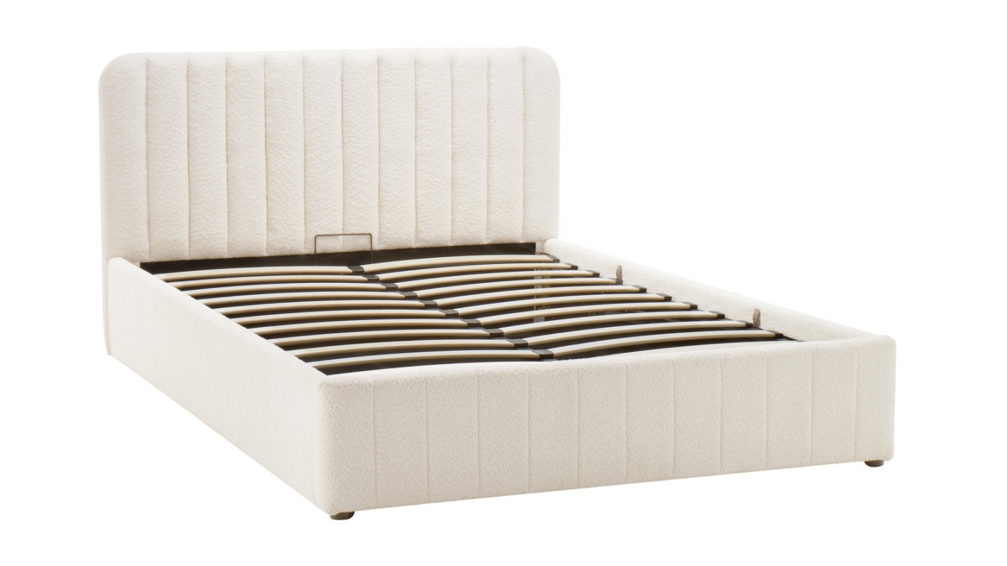 Lit coffre adulte 140x190 cm avec tête de lit capitonnee en tissu boucle beige - Ava