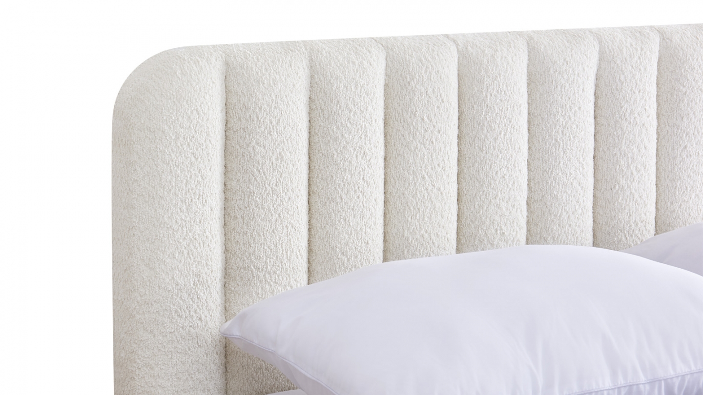 Lit coffre adulte 140x190 cm avec tête de lit capitonnee en tissu boucle beige - Ava