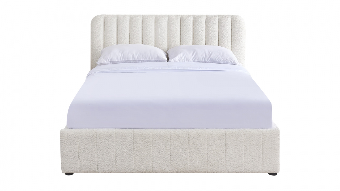 Lit coffre adulte 160x200 cm avec tête de lit capitonnée en tissu bouclé beige - Ava