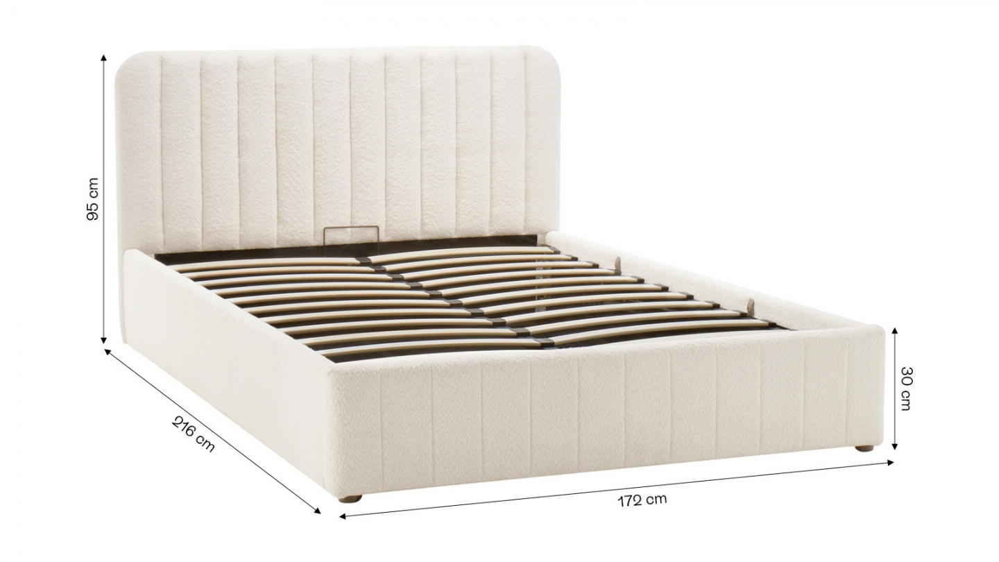 Lit coffre adulte 140x190 cm avec tête de lit capitonnee en tissu boucle beige - Ava