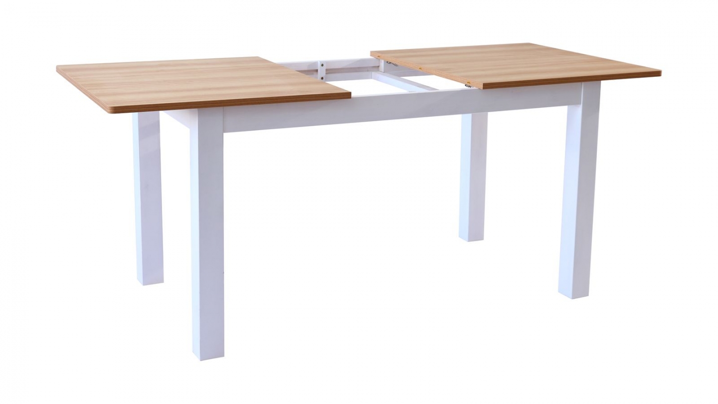 Table à manger extensible effet bois, piètement blanc 140/180 cm - Lexi