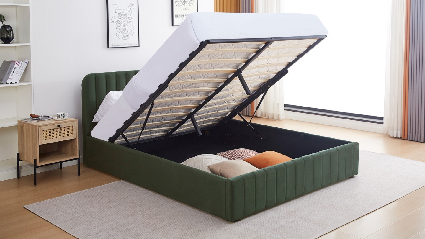 Lit coffre adulte 160x200 cm avec tête de lit capitonnée en velours vert kaki - Ava