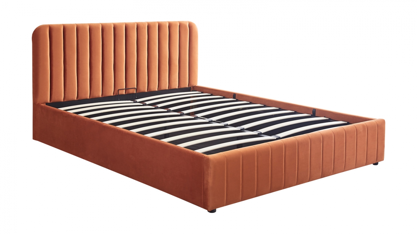 Lit coffre adulte 140x190 cm avec tête de lit capitonnée en velours terracotta - Ava