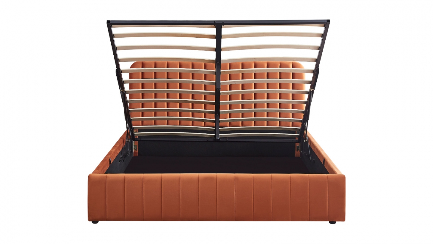 Lit coffre adulte 140x190 cm avec tête de lit capitonnée en velours terracotta - Ava