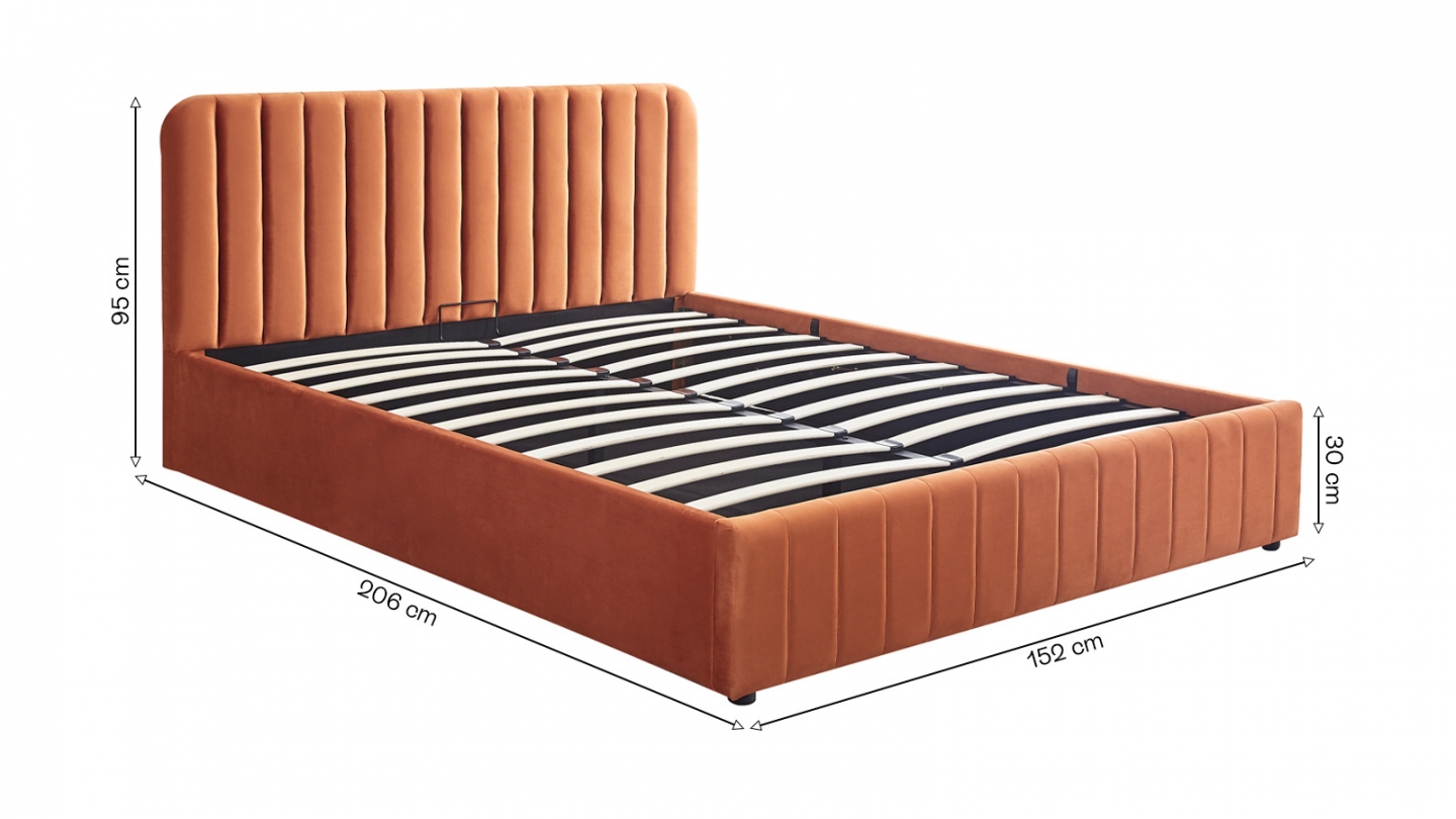 Lit coffre adulte 140x190 cm avec tête de lit capitonnée en velours terracotta - Ava