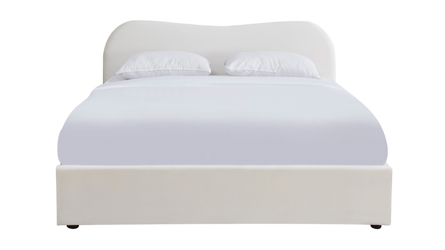 Lit adulte 140x190 cm avec tête le lit matelassée en velours beige - Ninon