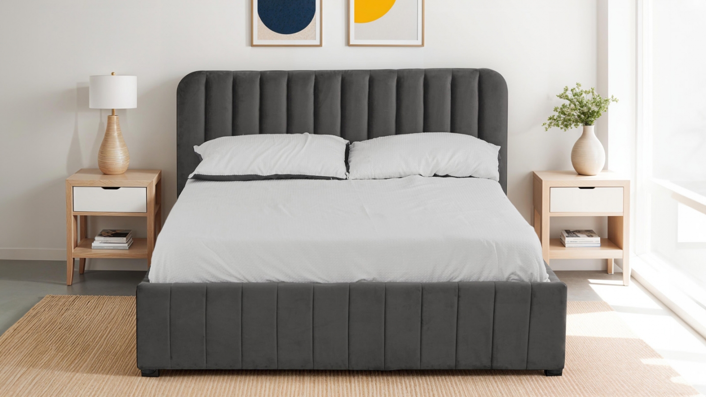 Lit coffre adulte 140x190 cm avec tête de lit capitonnée en velours gris - Ava