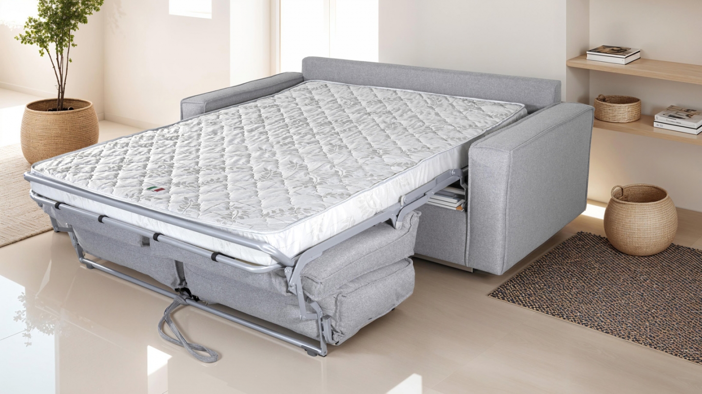  Canapé convertible 3 places en tissu gris chiné - Ouverture express - Couchage quotidien - Matelas HD 140 x 190 - Mattia