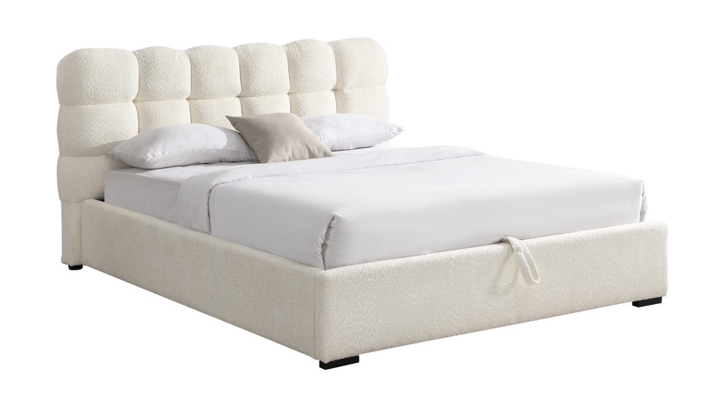 Lit coffre adulte 160x200 cm avec sommier et tête de lit capitonnée en tissu bouclé beige - Lola