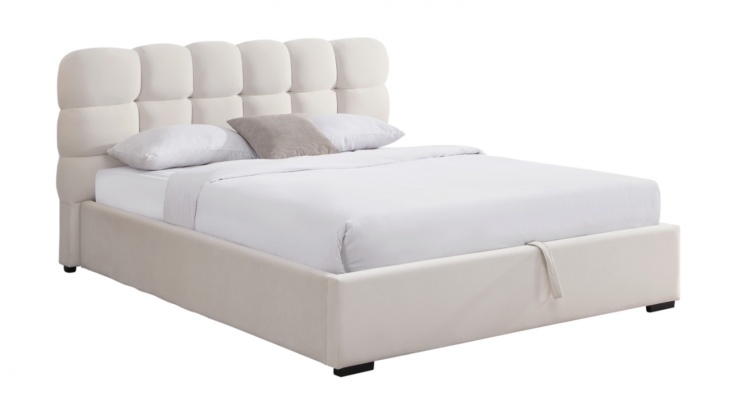 Lit coffre adulte 180x200 cm avec sommier et tête de lit capitonnée en velours beige - Lola