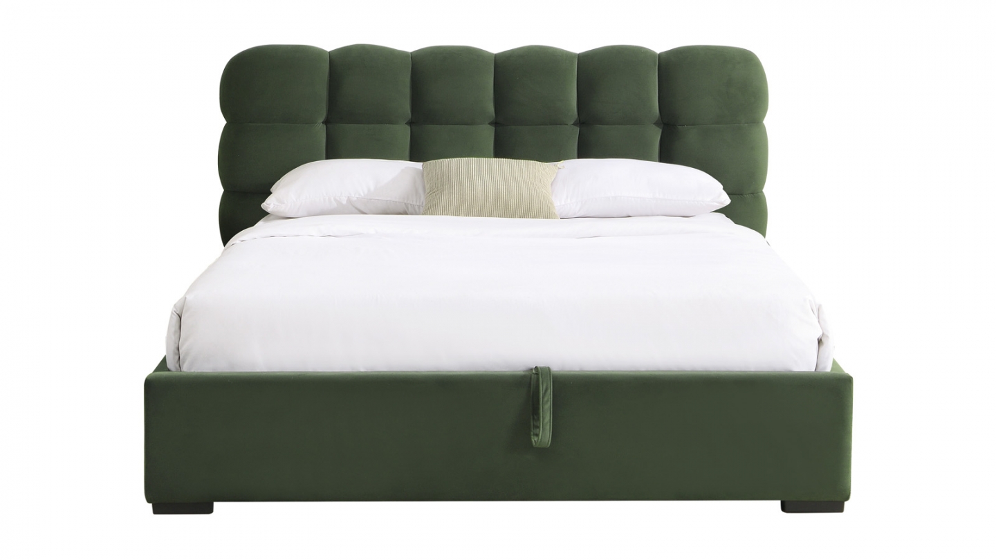 Lit coffre adulte 160x200 cm avec sommier et tête de lit capitonnée en velours vert kaki - Lola