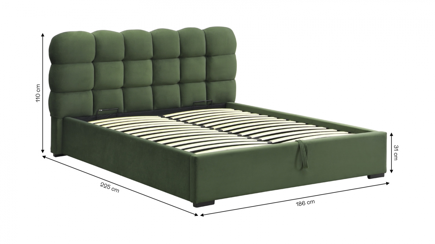 Lit coffre adulte 160x200 cm avec sommier et tête de lit capitonnée en velours vert kaki - Lola